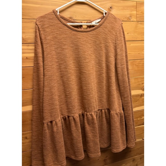 easel Tops - Easel Womens SMALL Rust Brown Textured Knit Peplum Babydoll Button Back Top